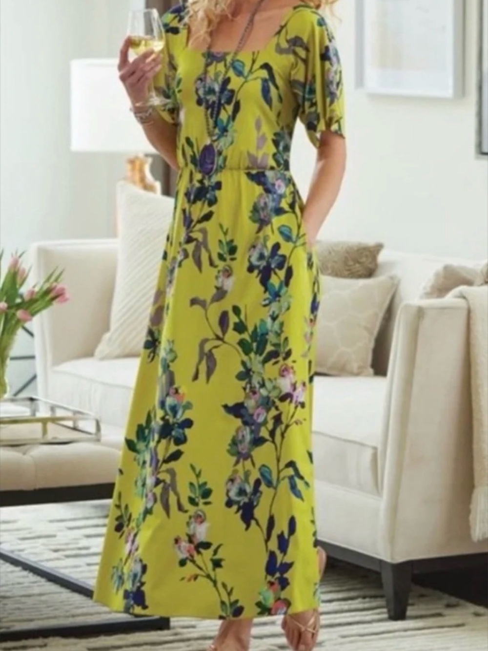 Soft Surroundings Chartreuse Floral Flutter-Sleeve Maxi Dress